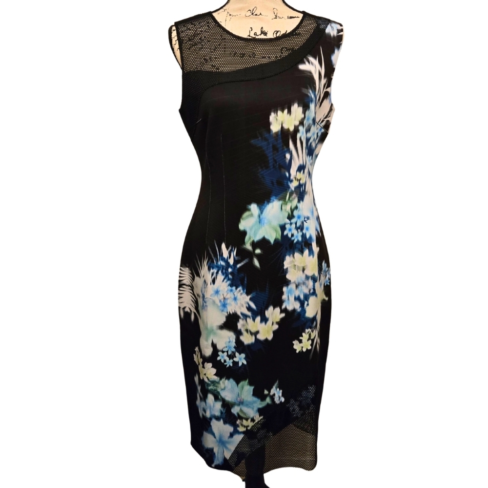 Elie Tahari Black & Blue Floral Neoprene Mesh Dress size 10